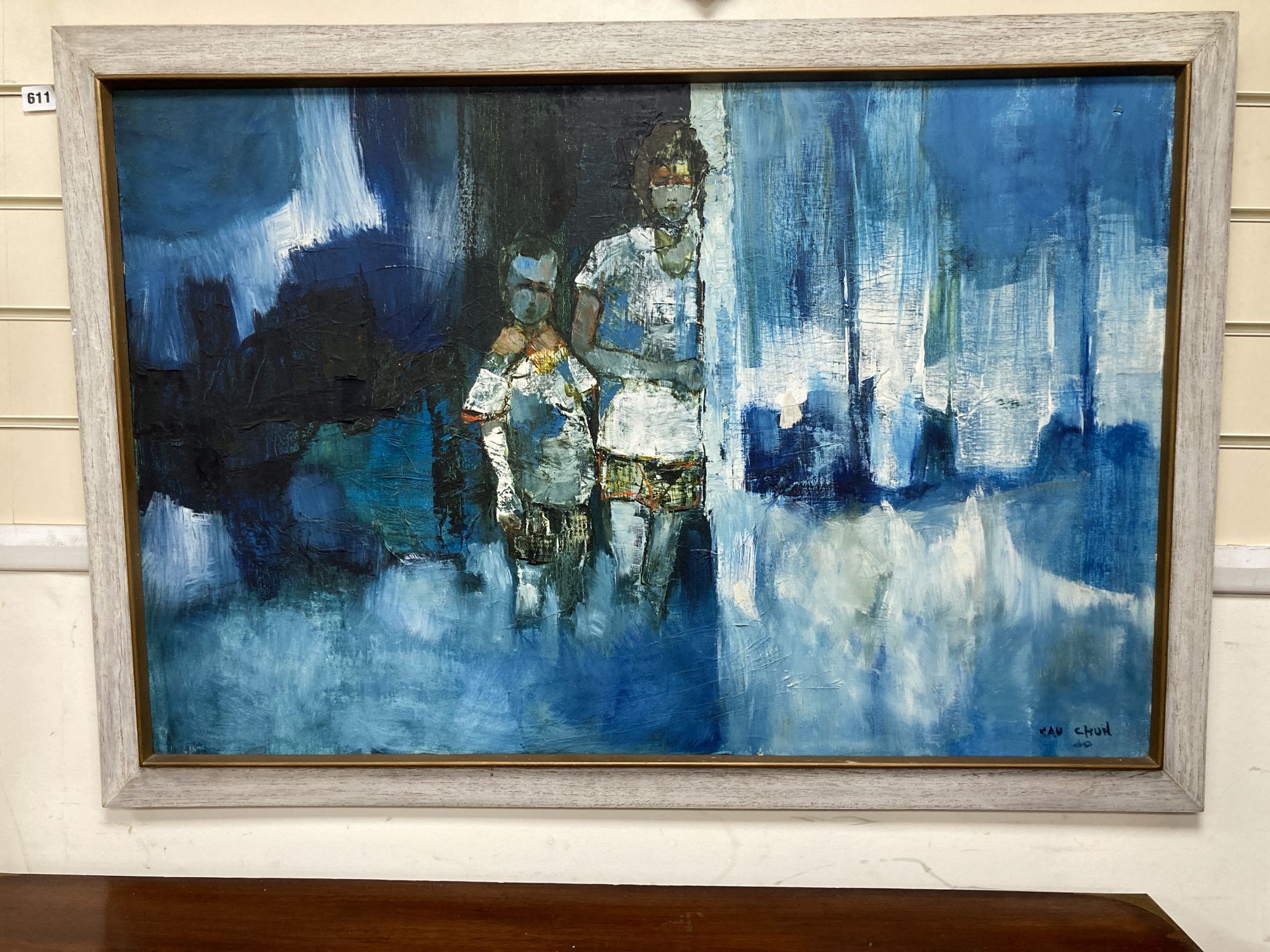 Kau Chun, oil on canvas, Figures in a stylised landscape, signed, 60 x 91cm
